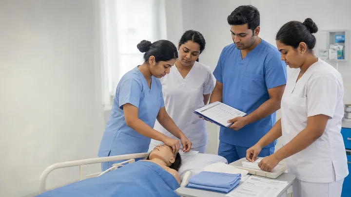 Nursing trainees practicing on a manikin in a hospital-style training bed